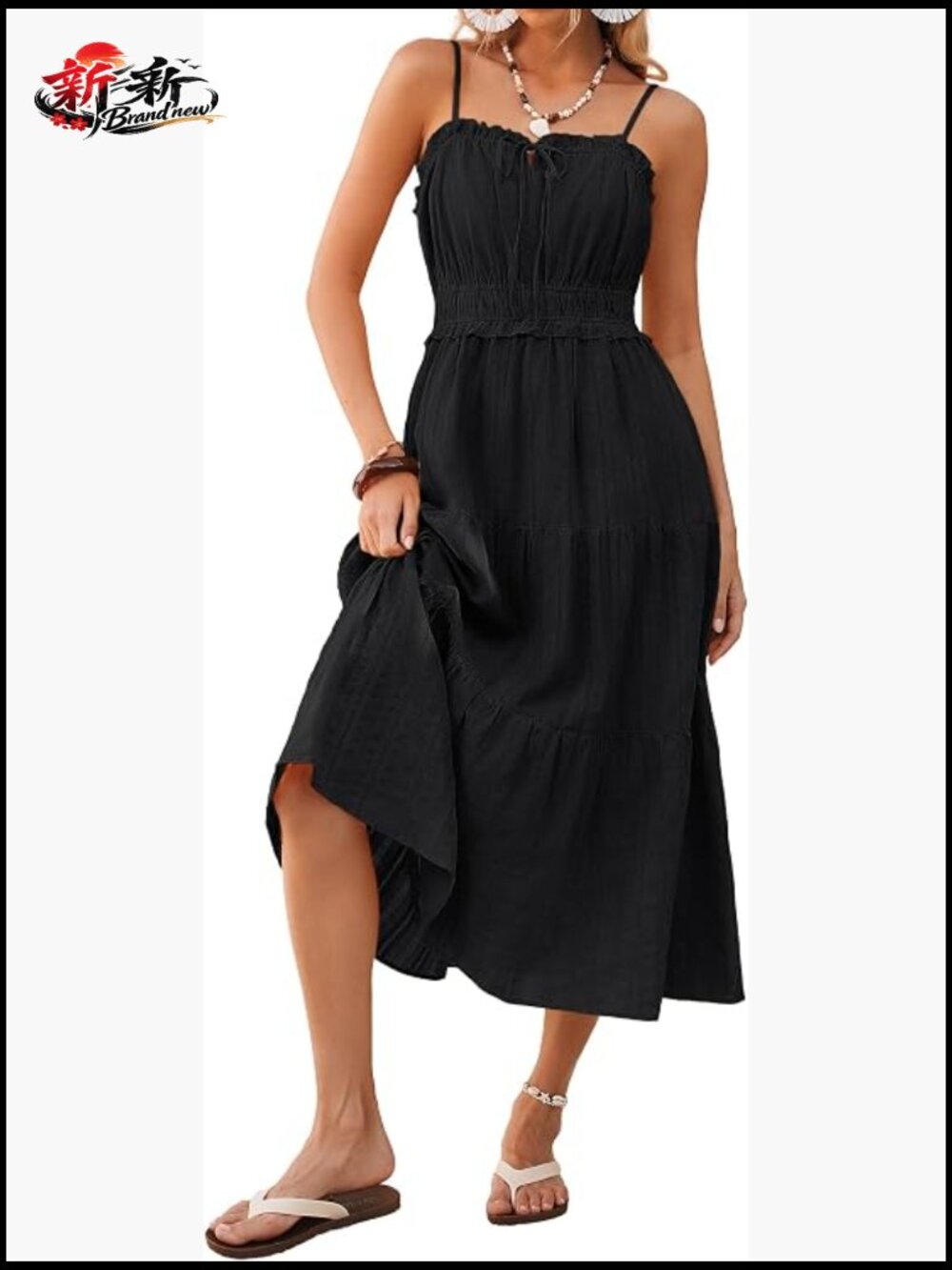 Women's Midi Cotton Sundress Spaghetti Strap A-Line Casual Summer Dress